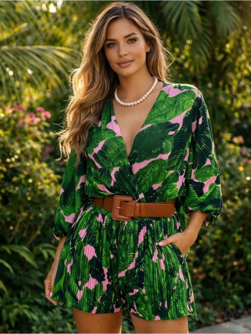 *L'ATISTE Green & Pink Tropical Print Romper